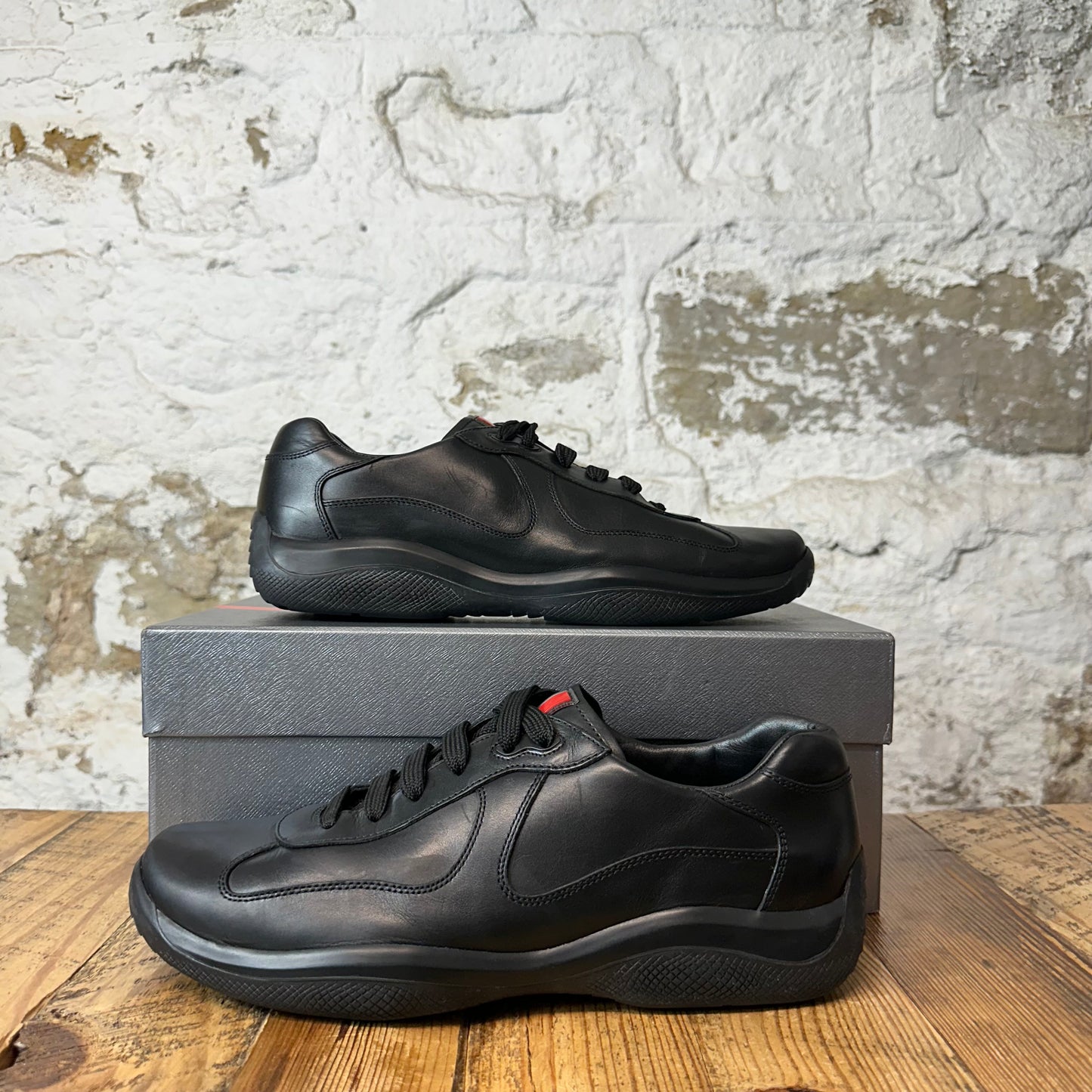 Prada Americas Cup Vintage Black Leather Sneaker Sz 9.5