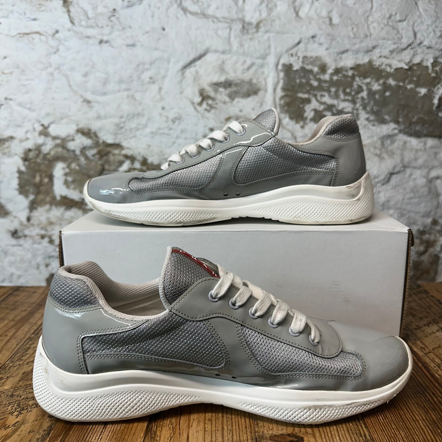 Prada Americas Cup Grey Patent White Sneaker Sz 11