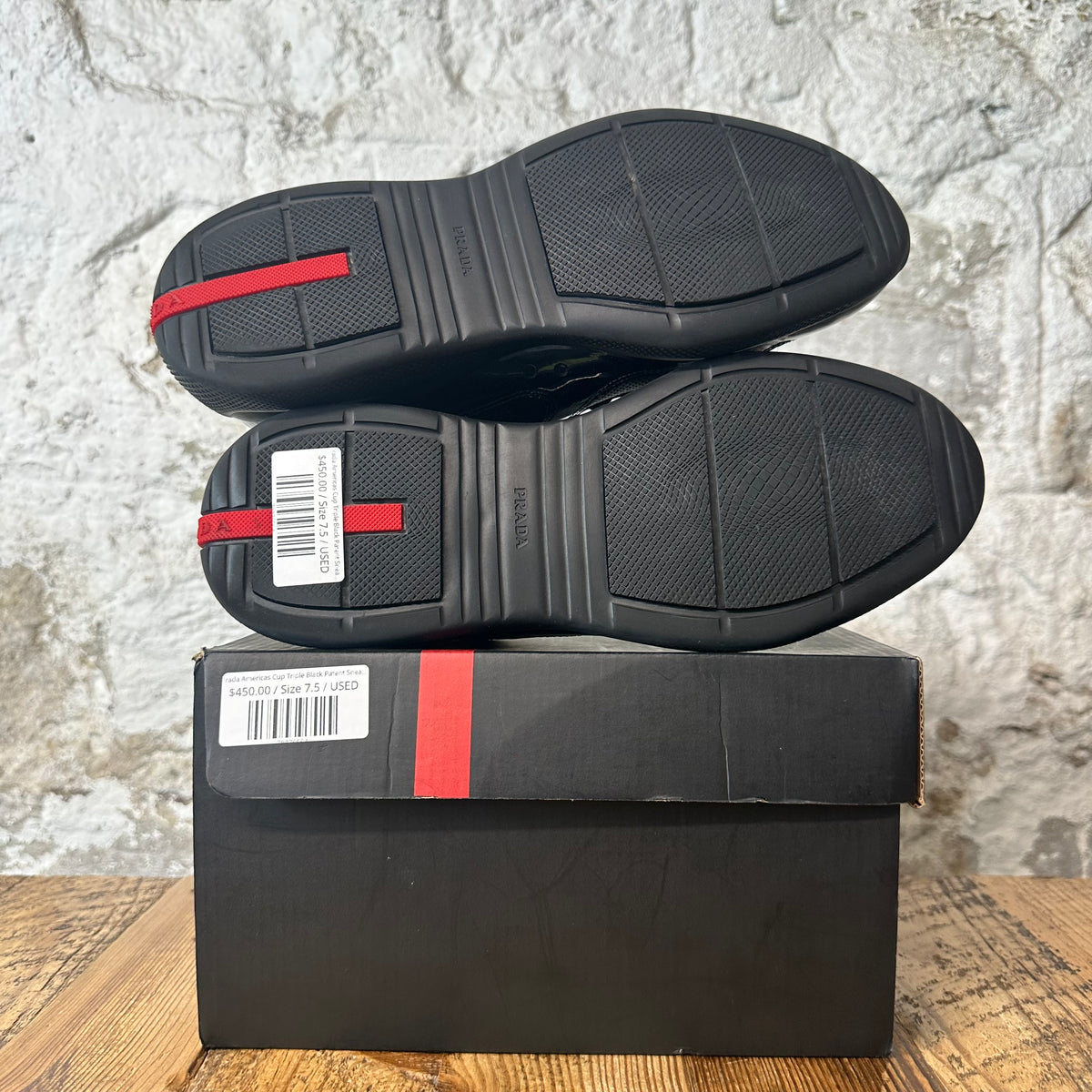 Prada Americas Cup Triple Black Patent Sneaker Sz 7.5