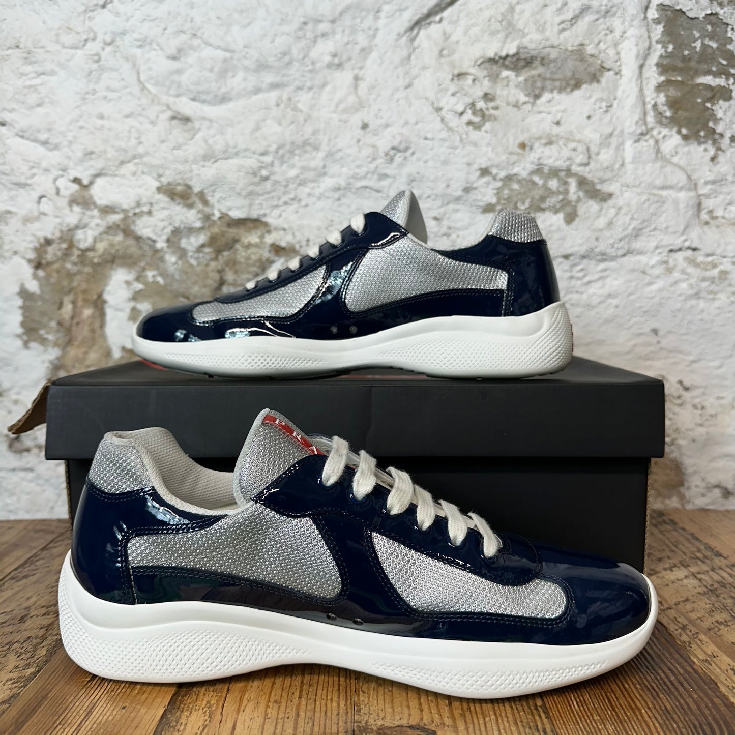 Prada Americas Cup Navy Patent Gray White Sneaker Sz 9