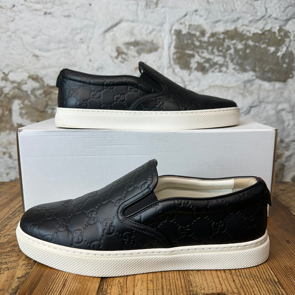 Gucci Black GG Embossed Monogram Slip On White Sneaker Sz 7.5