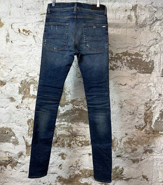 Amiri MX1 Black Leather Dark Blue Denim Jeans Sz 29