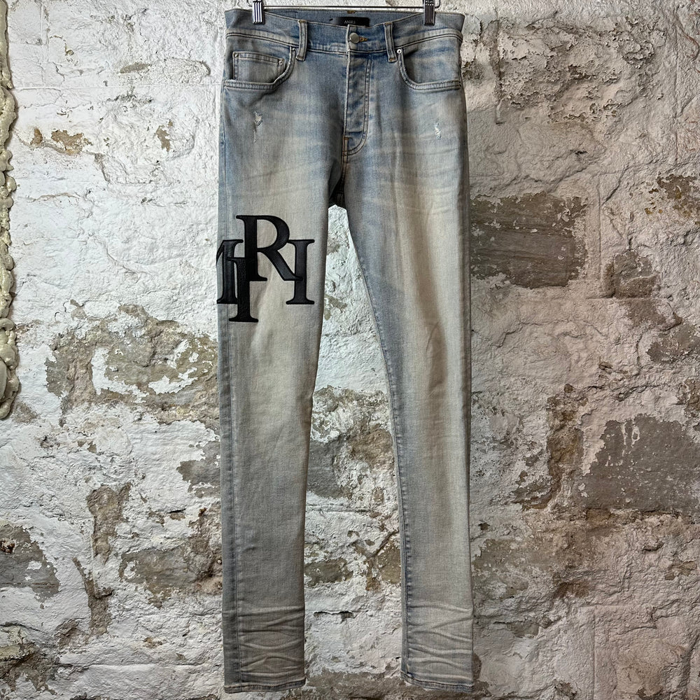 Amiri Black Leather Stagger Blue Denim Jeans Sz 29