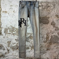 Amiri Black Leather Stagger Blue Denim Jeans Sz 29