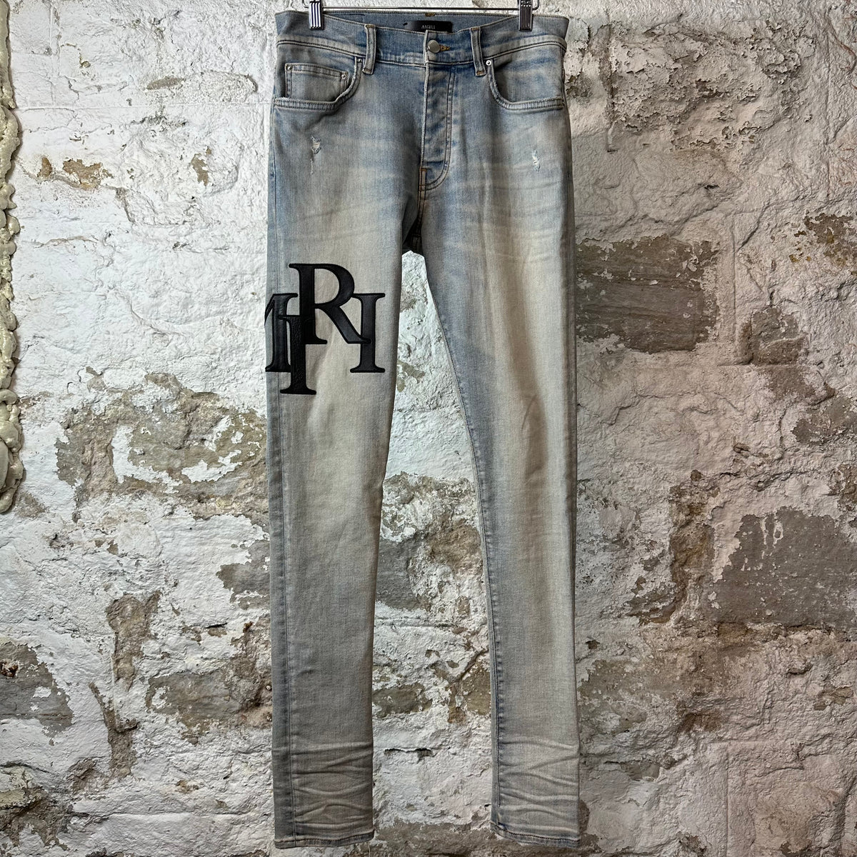 Amiri Black Leather Stagger Blue Denim Jeans Sz 29