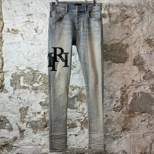 Amiri Black Leather Stagger Blue Denim Jeans Sz 29