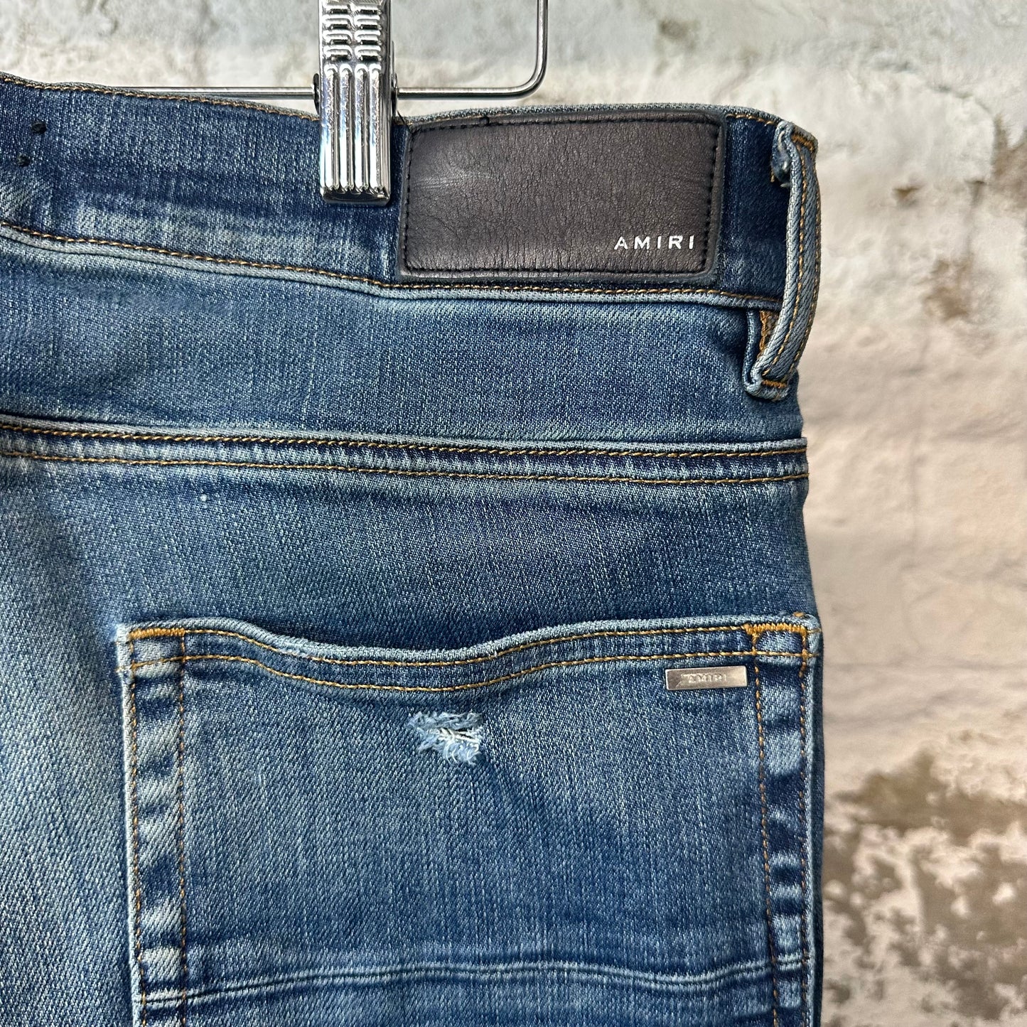 Amiri MX1 Orange Suede Dark Blue Denim Jeans Sz 34