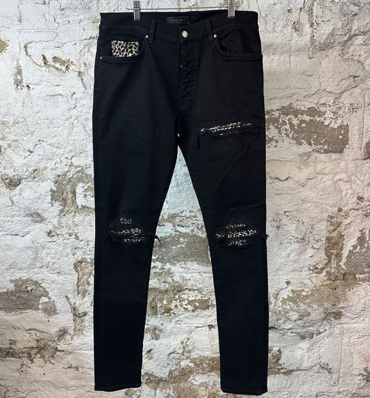 Amiri MX1 Cheetah Print Black Denim Jeans Sz 33