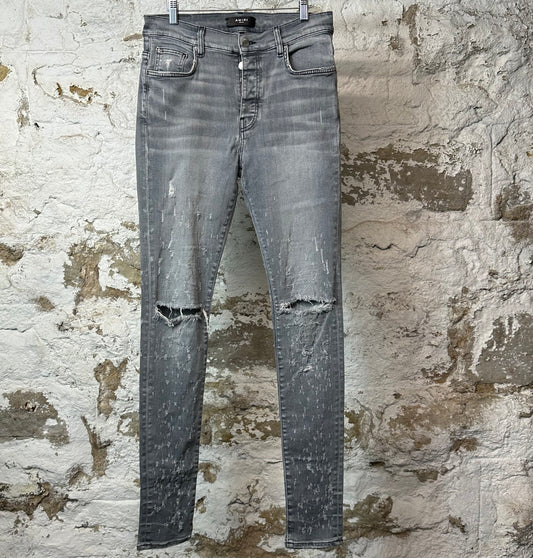 Amiri Knee Rip Shotgun Gray Denim Jeans Sz 33
