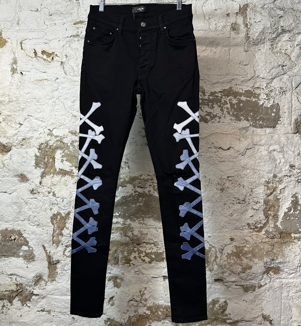 Amiri Knee Rip Blue Gradient Bones Black Denim Jeans Sz 28