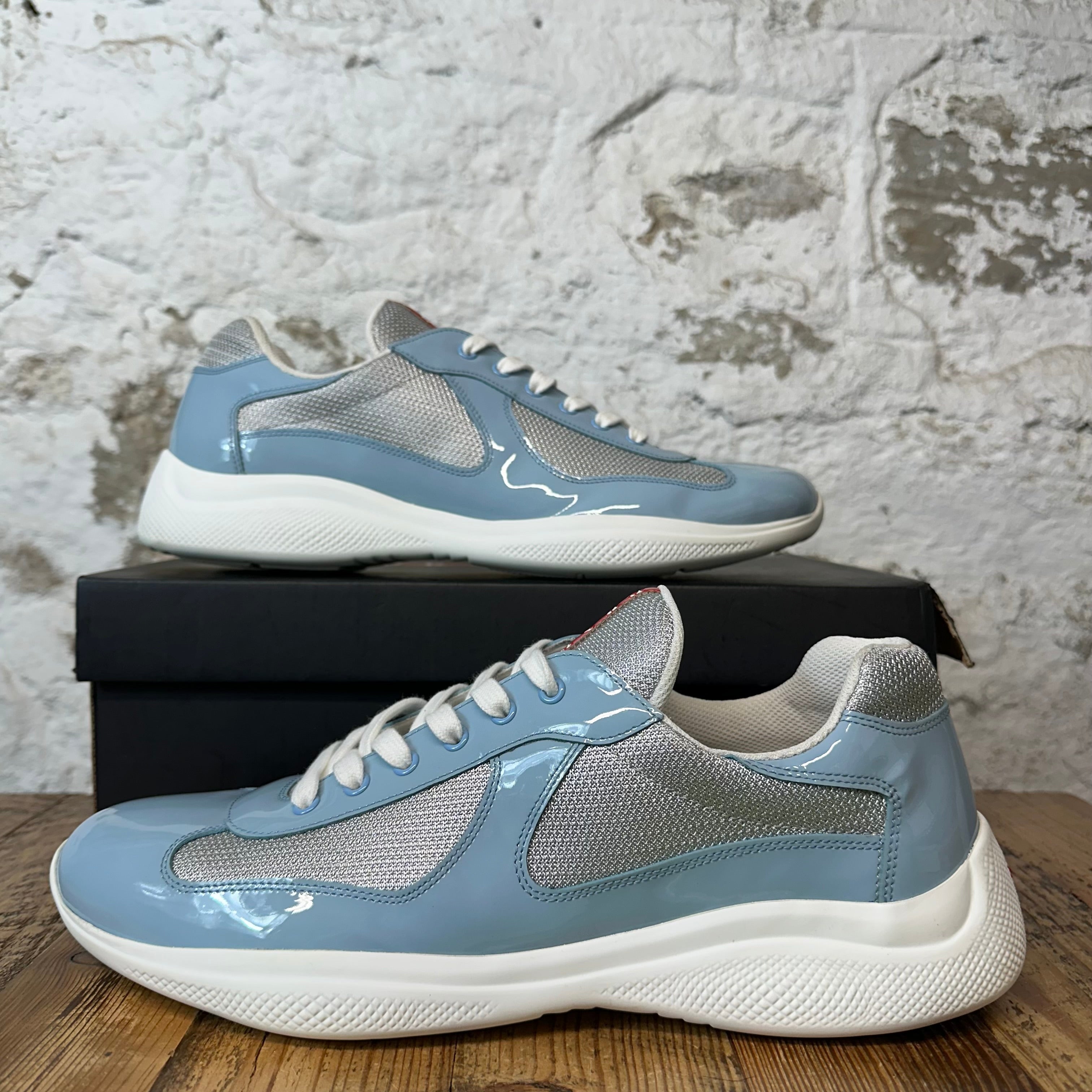 Prada Americas Cup Baby Blue Patent Grey White Sneaker Sz 14