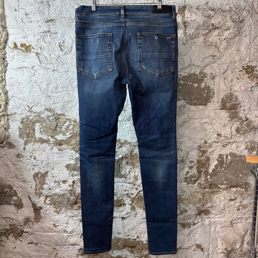 Amiri MX1 Black Leather Dark Blue Denim Jeans Sz 34