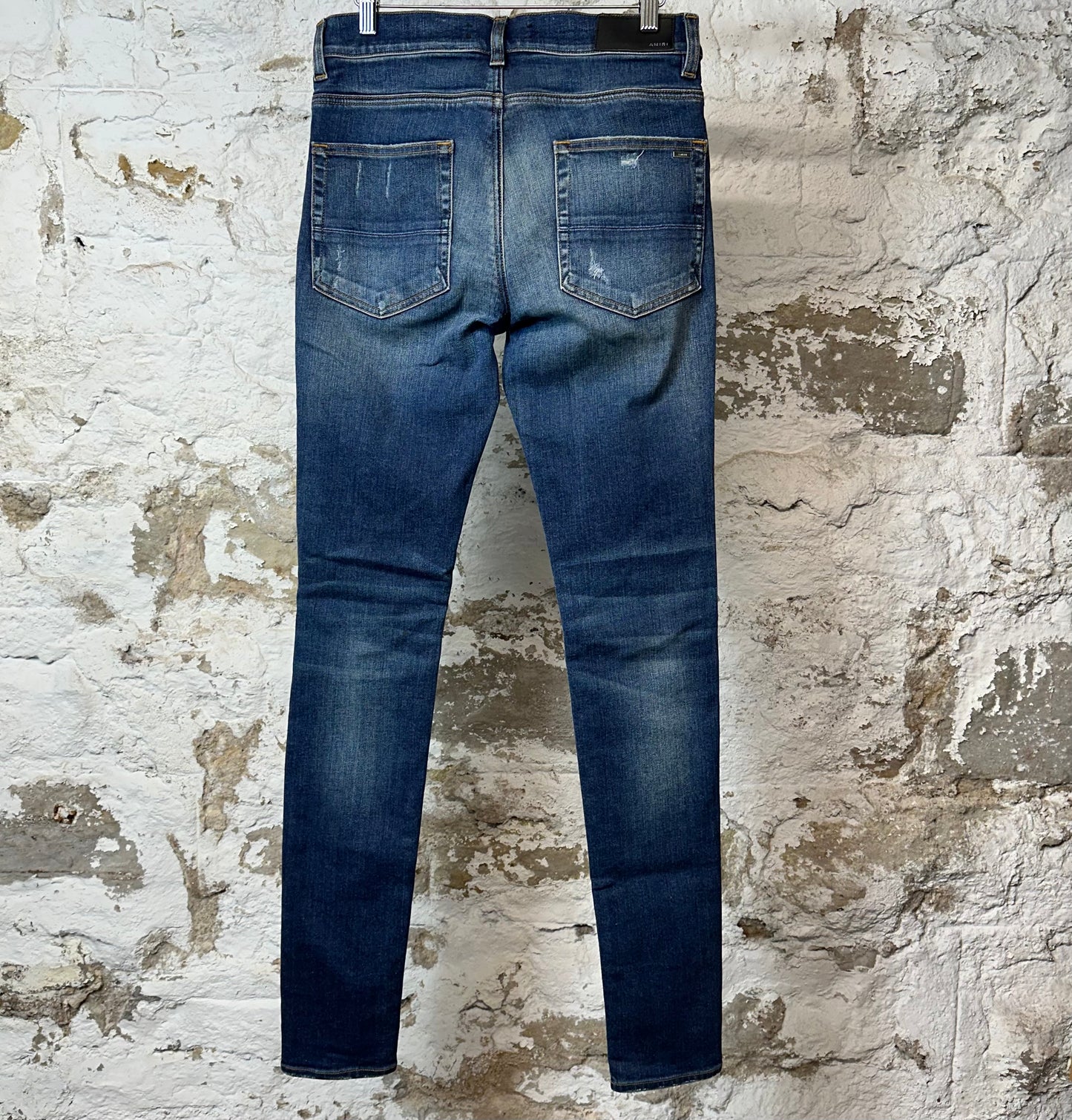 Amiri MX1 Black Leather Dark Blue Denim Jeans Sz 30