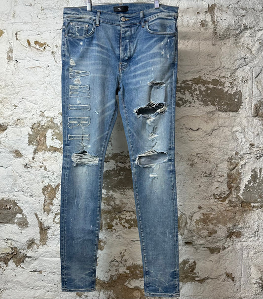 Amiri Distressed Side Spell Blue Denim Jeans Sz 36
