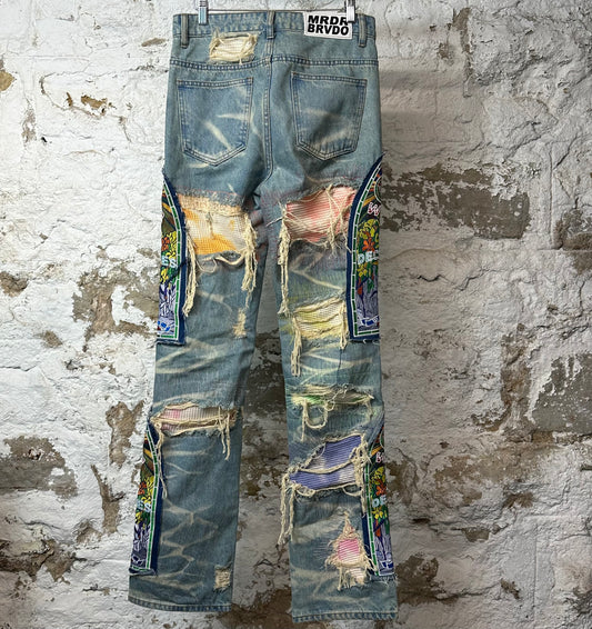 Who Decides War Stained Glass Multicolor Stitched Blue Denim Jeans Sz 28
