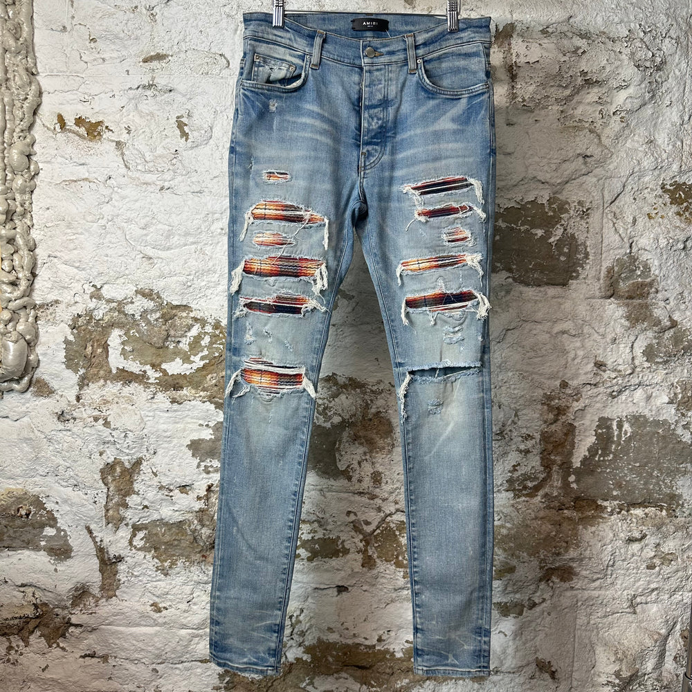 Amiri MX1 Multicolor Flannel Blue Denim Jeans Sz 31
