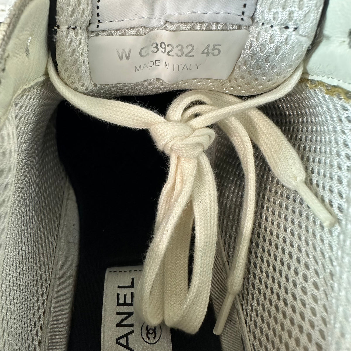 Chanel CC Embossed Beige Black Trainer Sneaker Sz 12 (45)