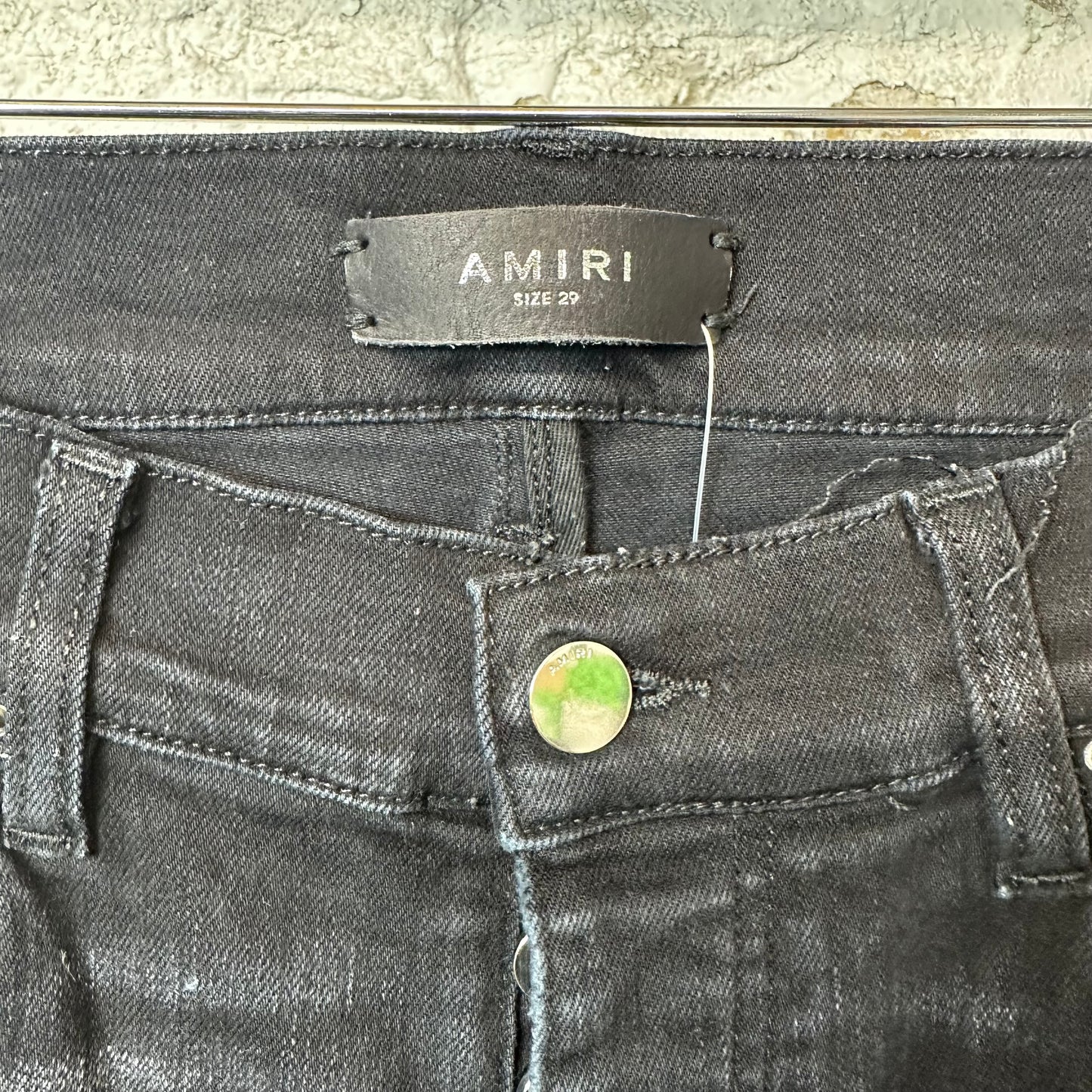 Amiri MX1 Camo Patch Black Denim Jeans Sz 29