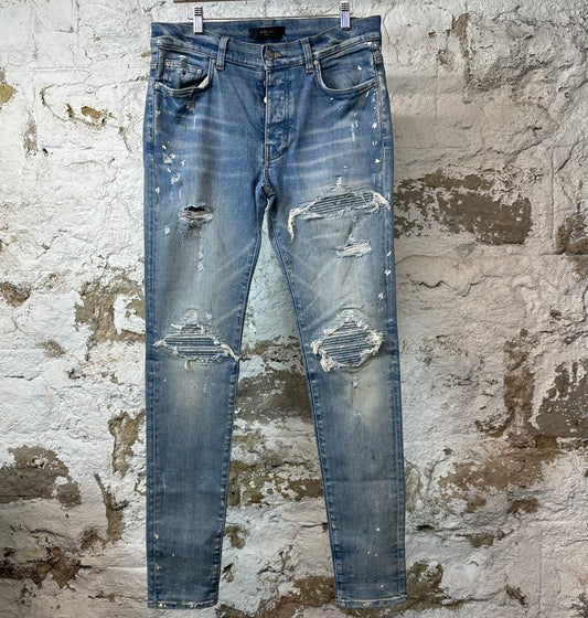 Amiri MX1 Denim Patch Paint Splatter Blue Denim Jeans Sz 32