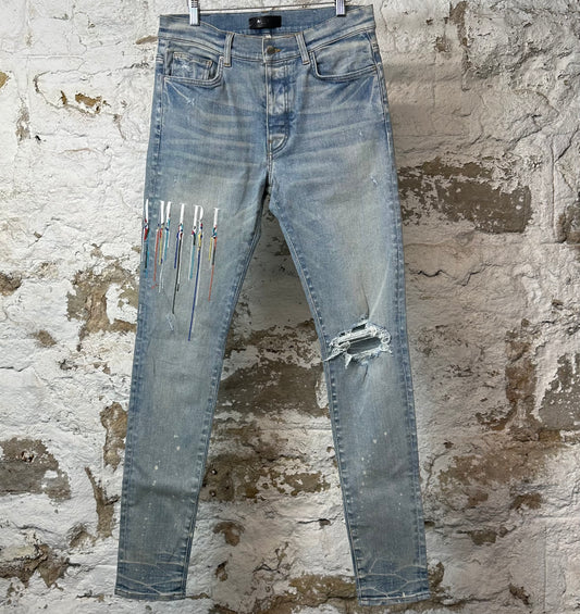 Amiri Paint Drip Spell Blue Denim Jeans Sz 32