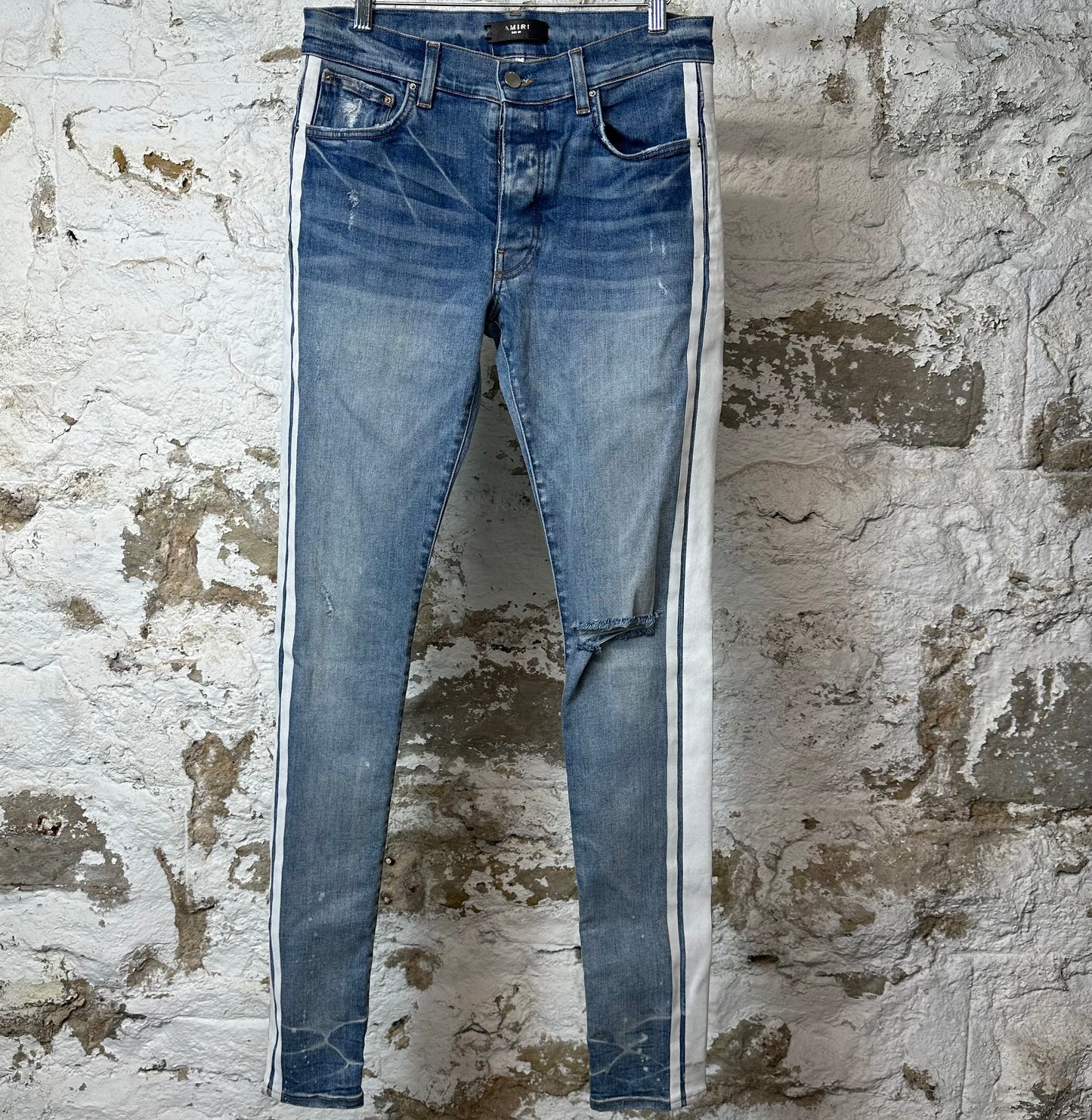Amiri White Velour Stripe Blue Denim Jeans Sz 30
