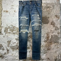 Amiri MX1 Cream Denim Paisley Thrasher Blue Denim Jeans Sz 36