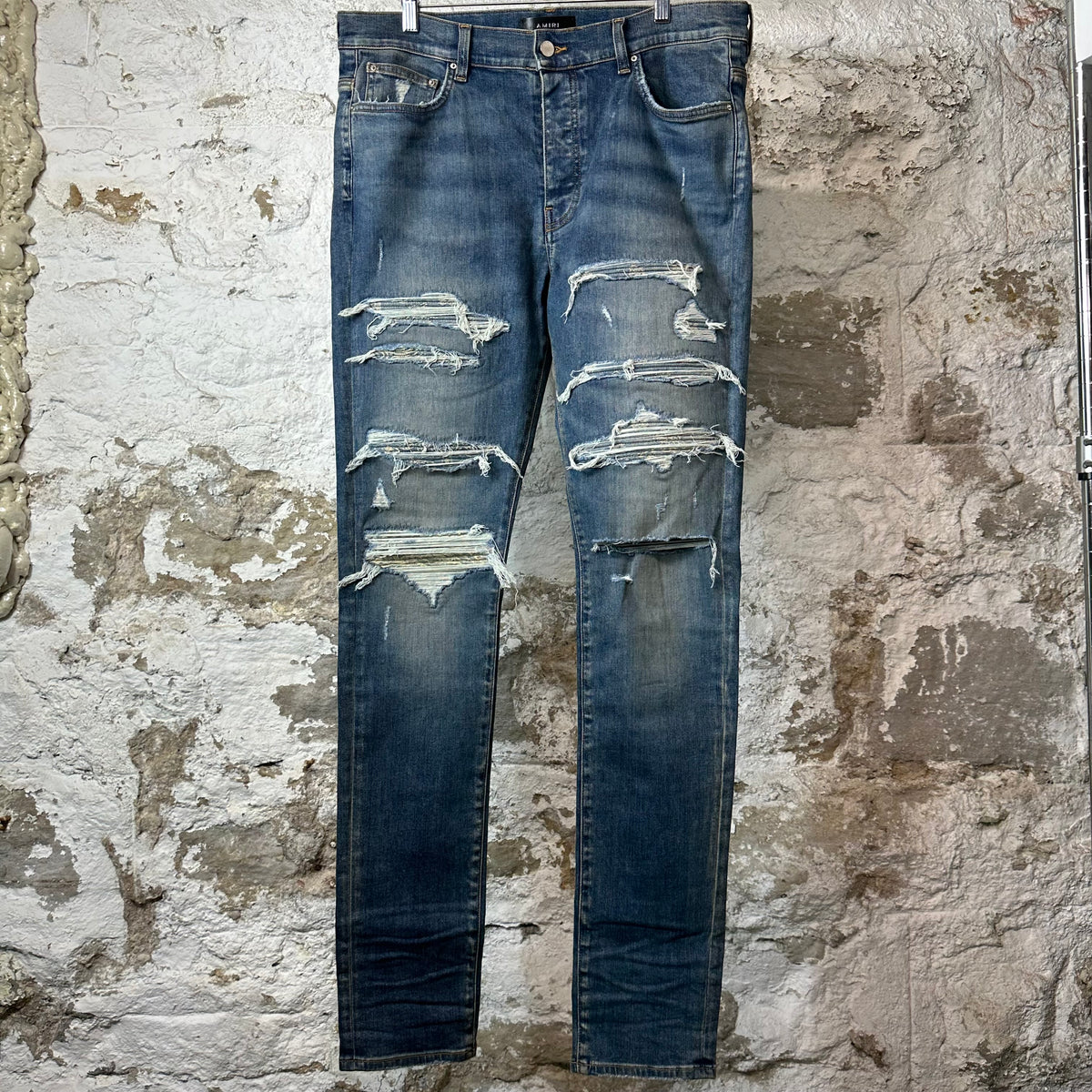 Amiri MX1 Cream Denim Paisley Thrasher Blue Denim Jeans Sz 36