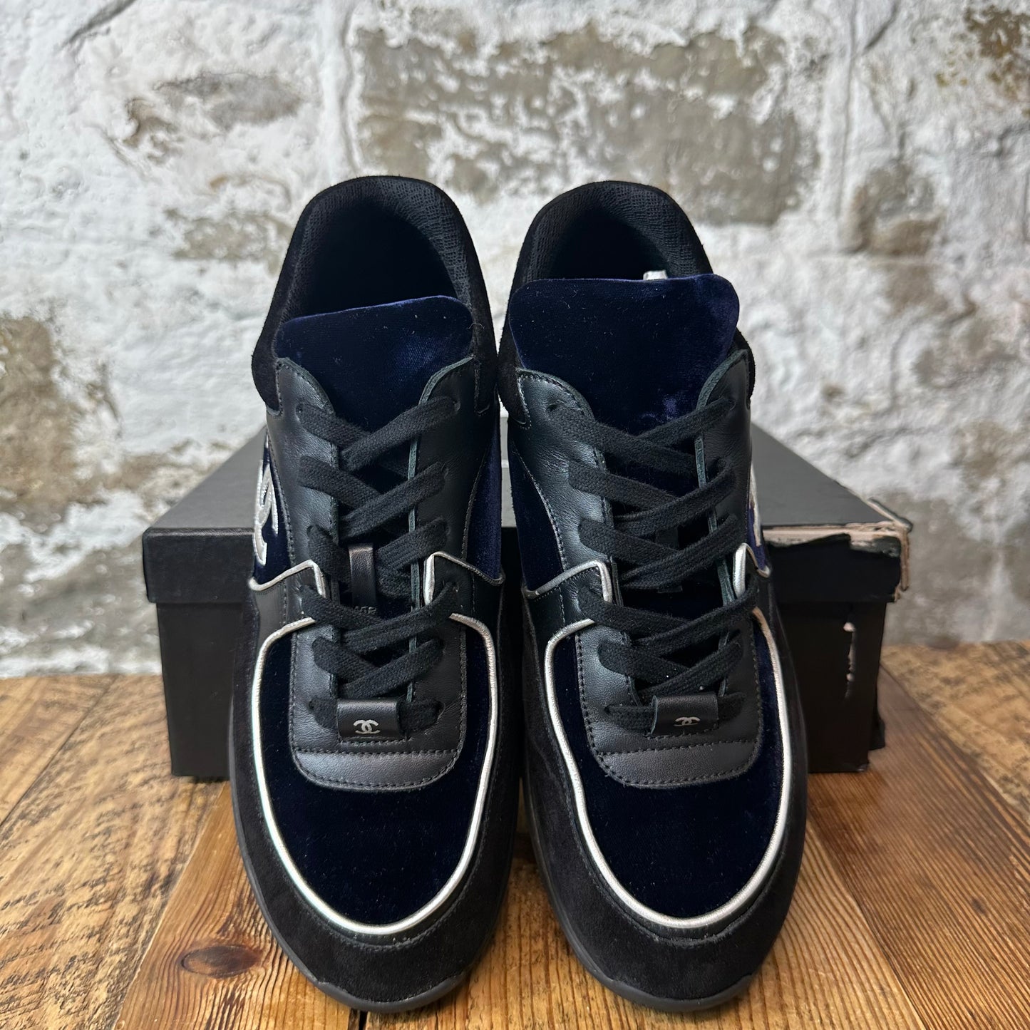 Chanel Silver CC Black Navy Velour Sneaker Sz 8.5 (41.5)