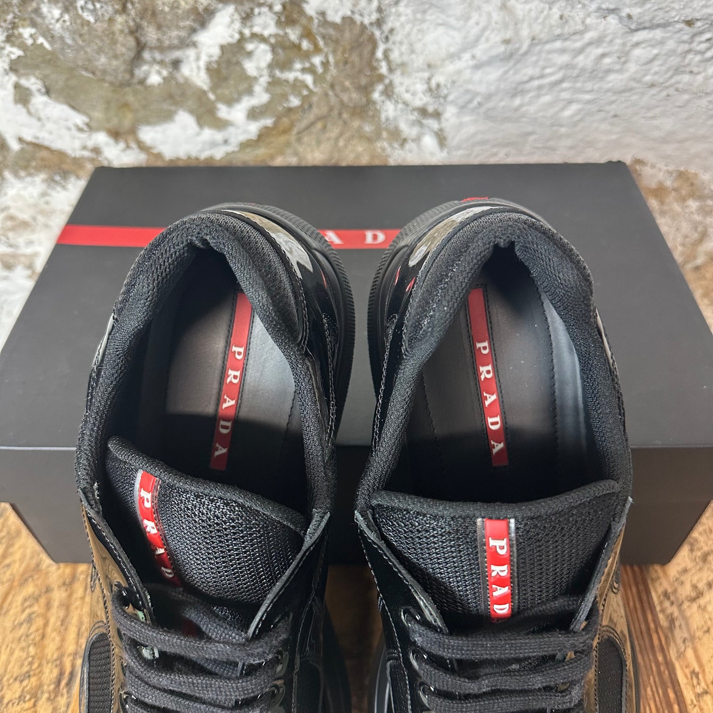 Prada Americas Cup Triple Black Patent Sneaker Sz 11