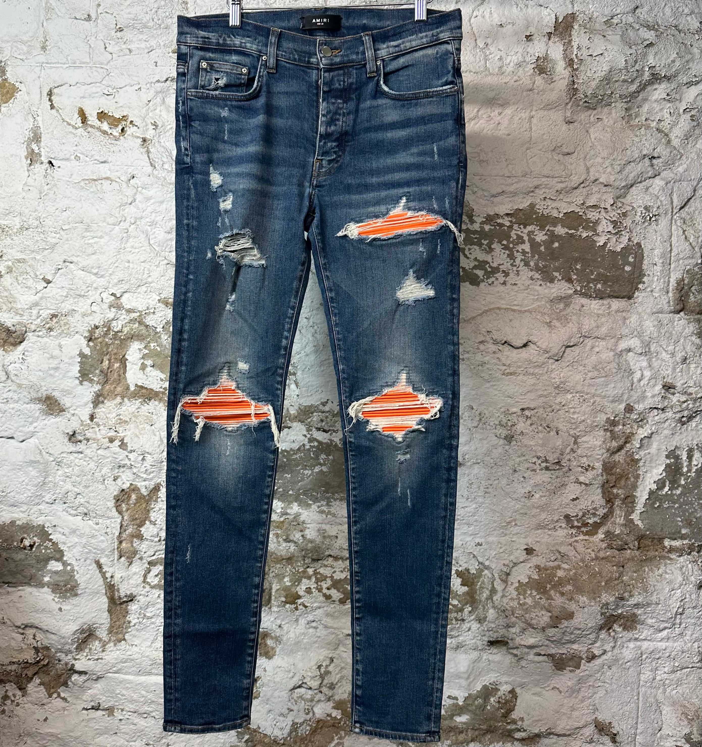 Amiri MX1 Orange Suede Dark Blue Denim Jeans Sz 33