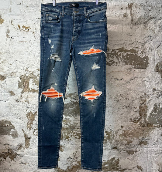 Amiri MX1 Orange Suede Dark Blue Denim Jeans Sz 33