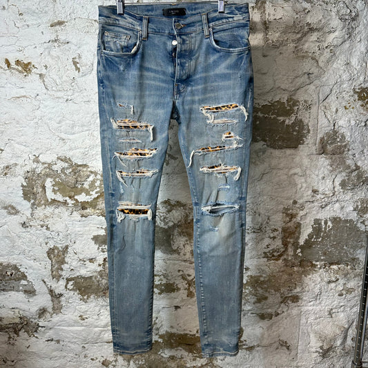 Amiri Leopard Print Thrasher Blue Denim Jeans Sz 32