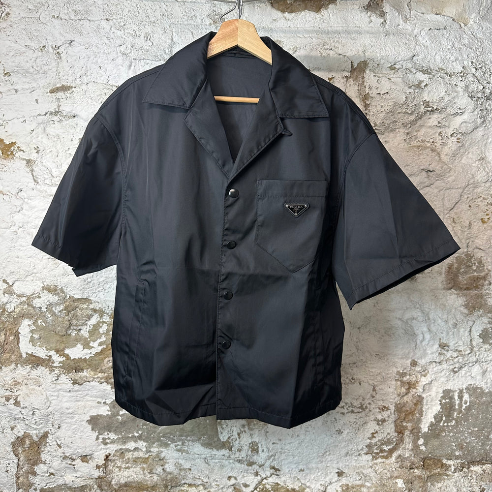 Prada Renylon Button Up Camp Shirt Black Sz S