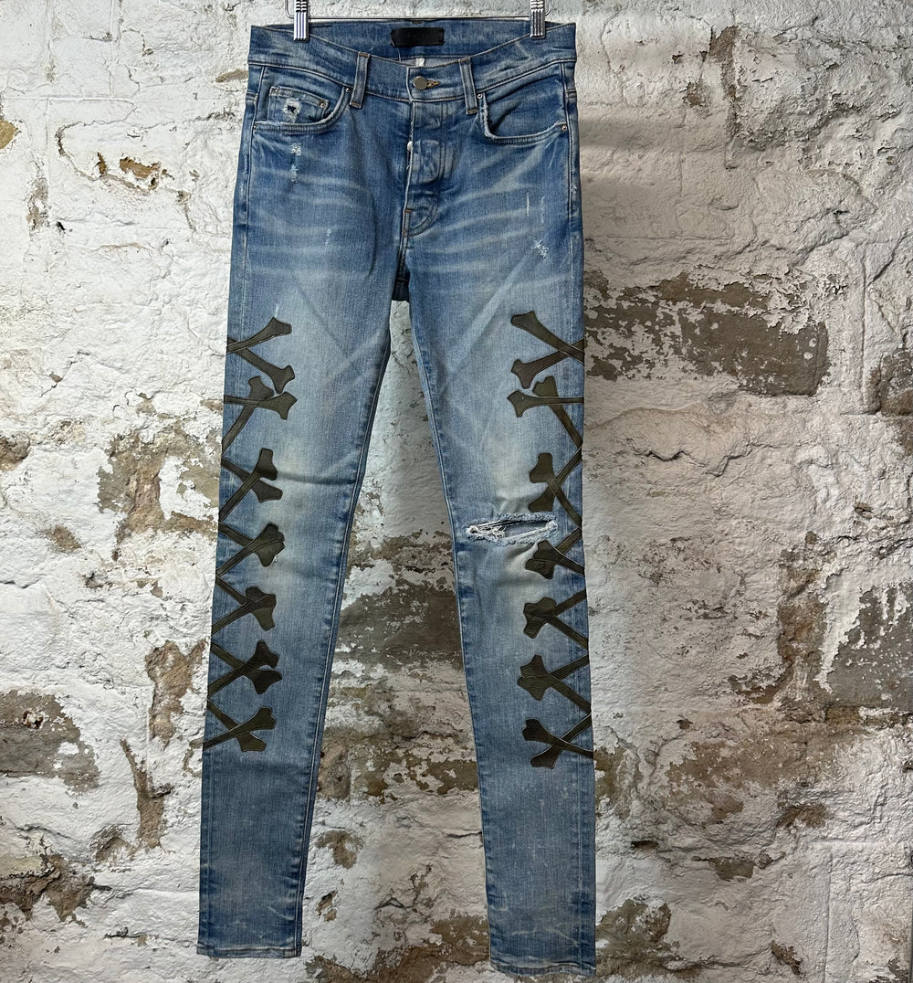 Amiri Green Camo Bones Blue Denim Jeans Sz 29
