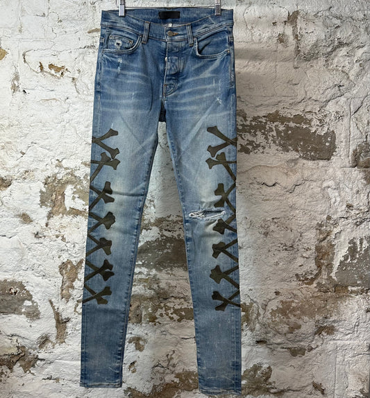 Amiri Green Camo Bones Blue Denim Jeans Sz 29