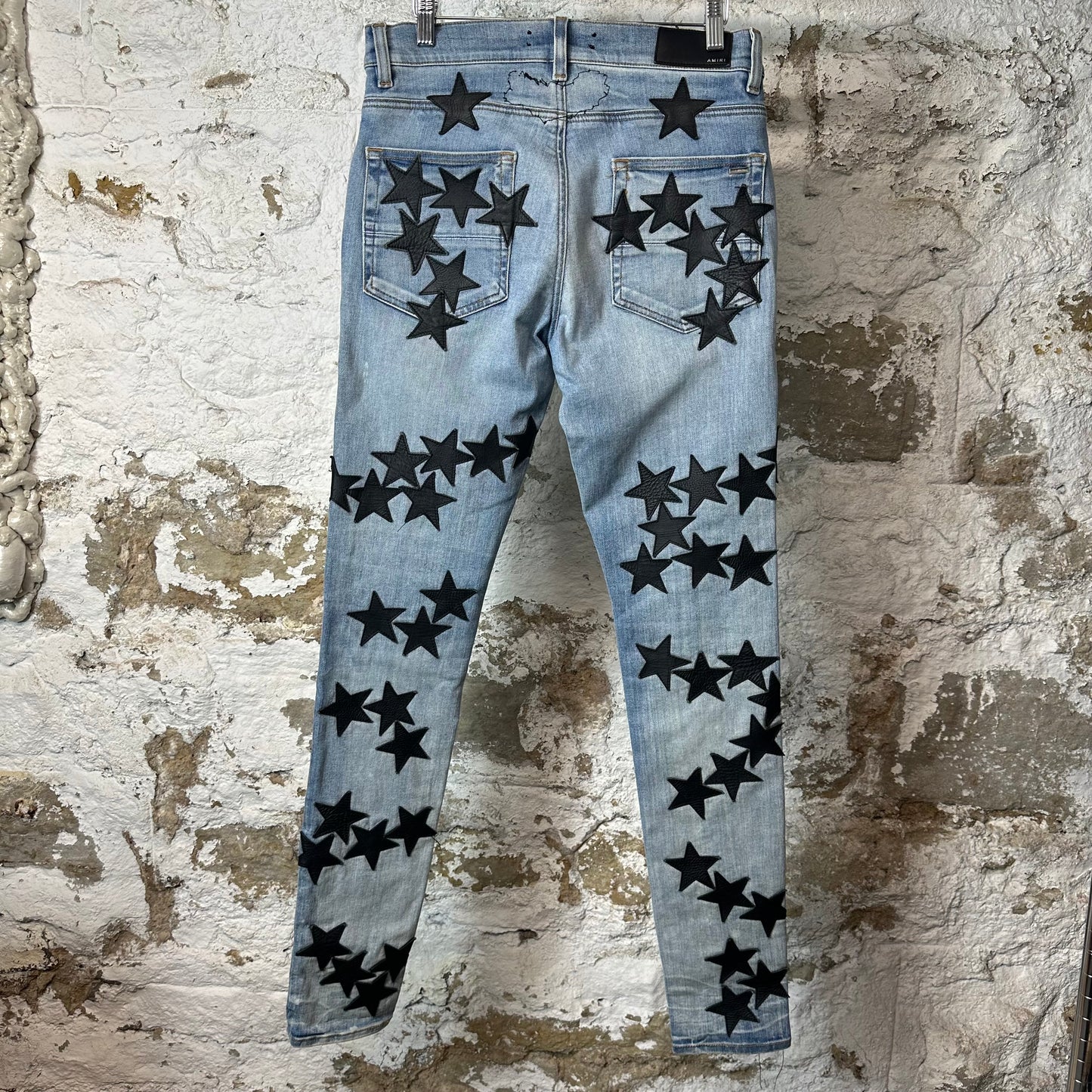 Amiri Black Leather Star Chemist Blue Denim Jeans Sz 31