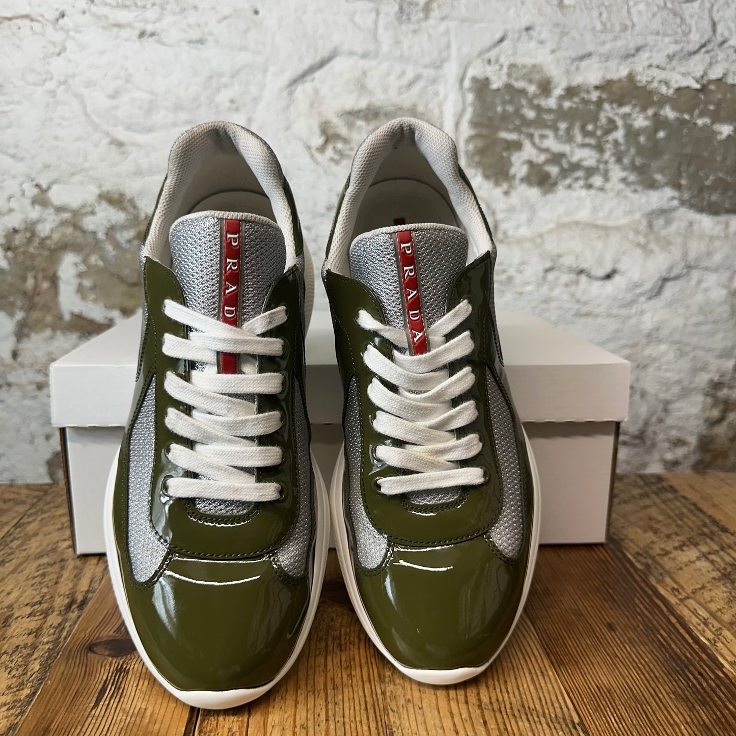 Prada Americas Cup Olive Patent Grey White Sneaker Sz 9