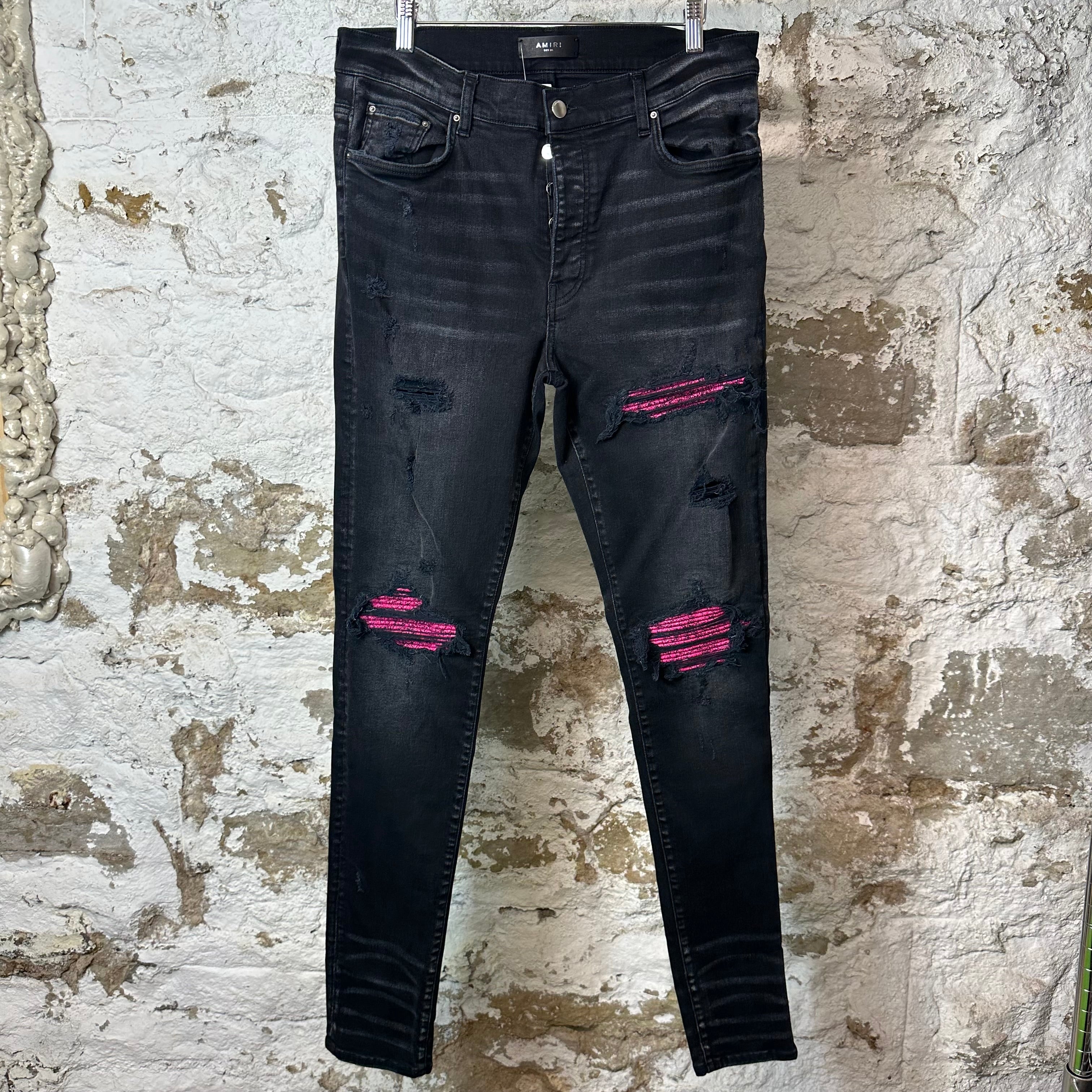 Amiri MX1 Cracked Pink Black Denim Jeans Sz 36