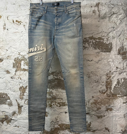 Amiri White Varsity 22 Patch Blue Denim Jeans Sz 34