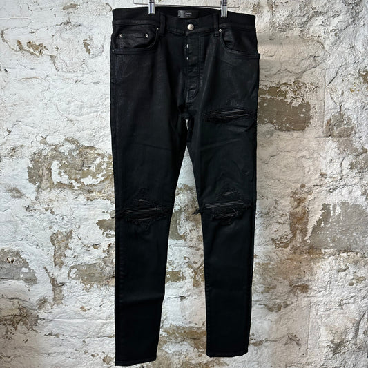 Amiri MX1 Black Leather Waxed Black Denim Jeans Sz 34