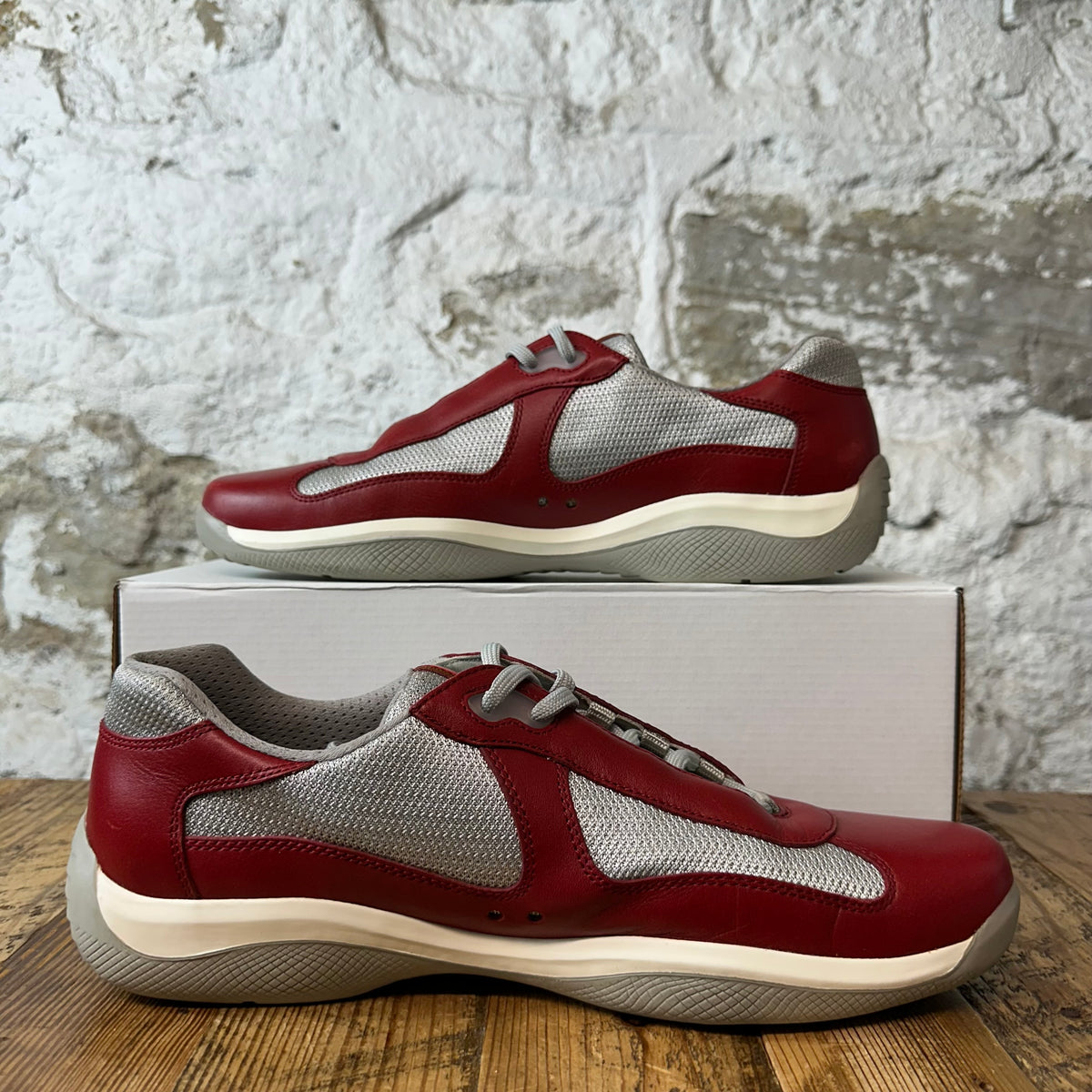 Prada Americas Cup Vintage Red Leather Grey Sneaker Sz 11