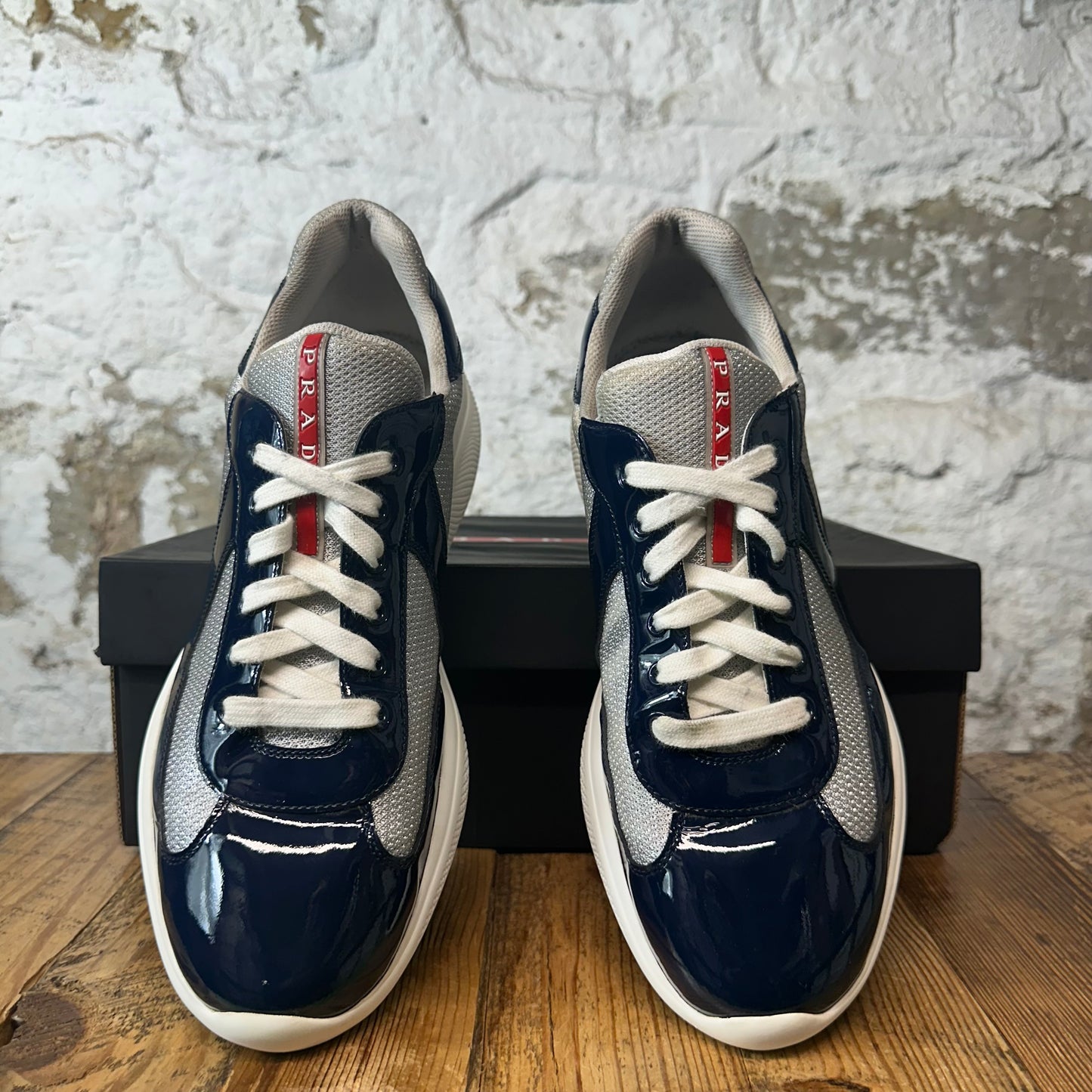 Prada Americas Cup Navy Patent Grey White Sneaker Sz 11