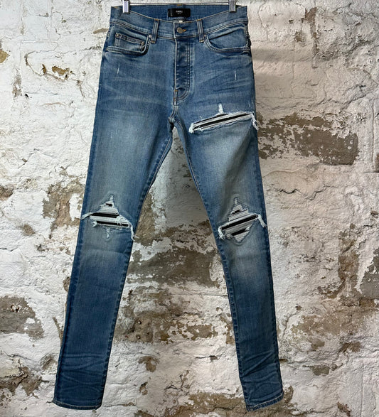 Amiri MX1 Black Leather Dark Blue Denim Jeans Sz 29 DS