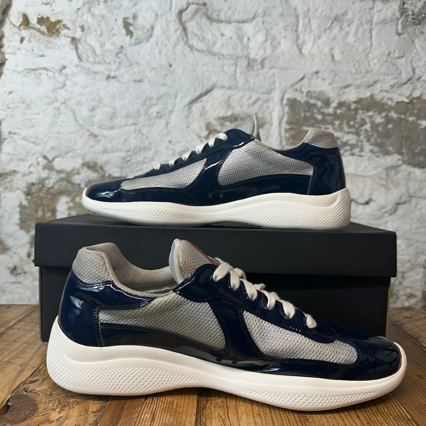 Prada Americas Cup Navy Patent Grey White Sneaker Sz 11