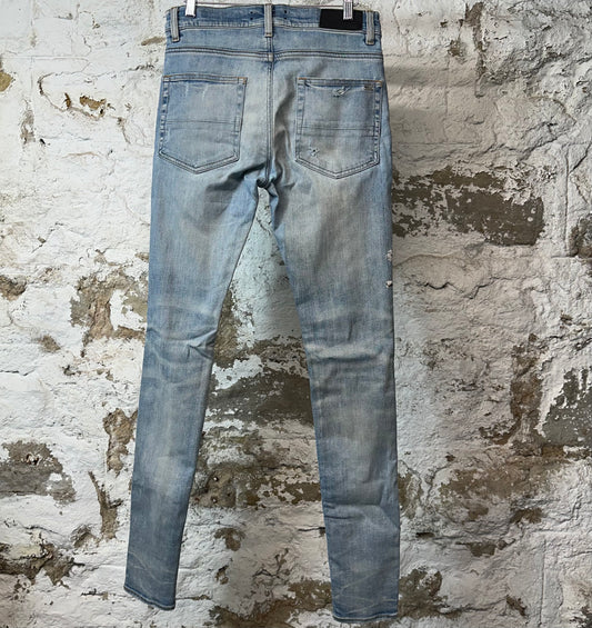 Amiri Knee Hole Cherub Logo Blue Denim Jeans Sz 29