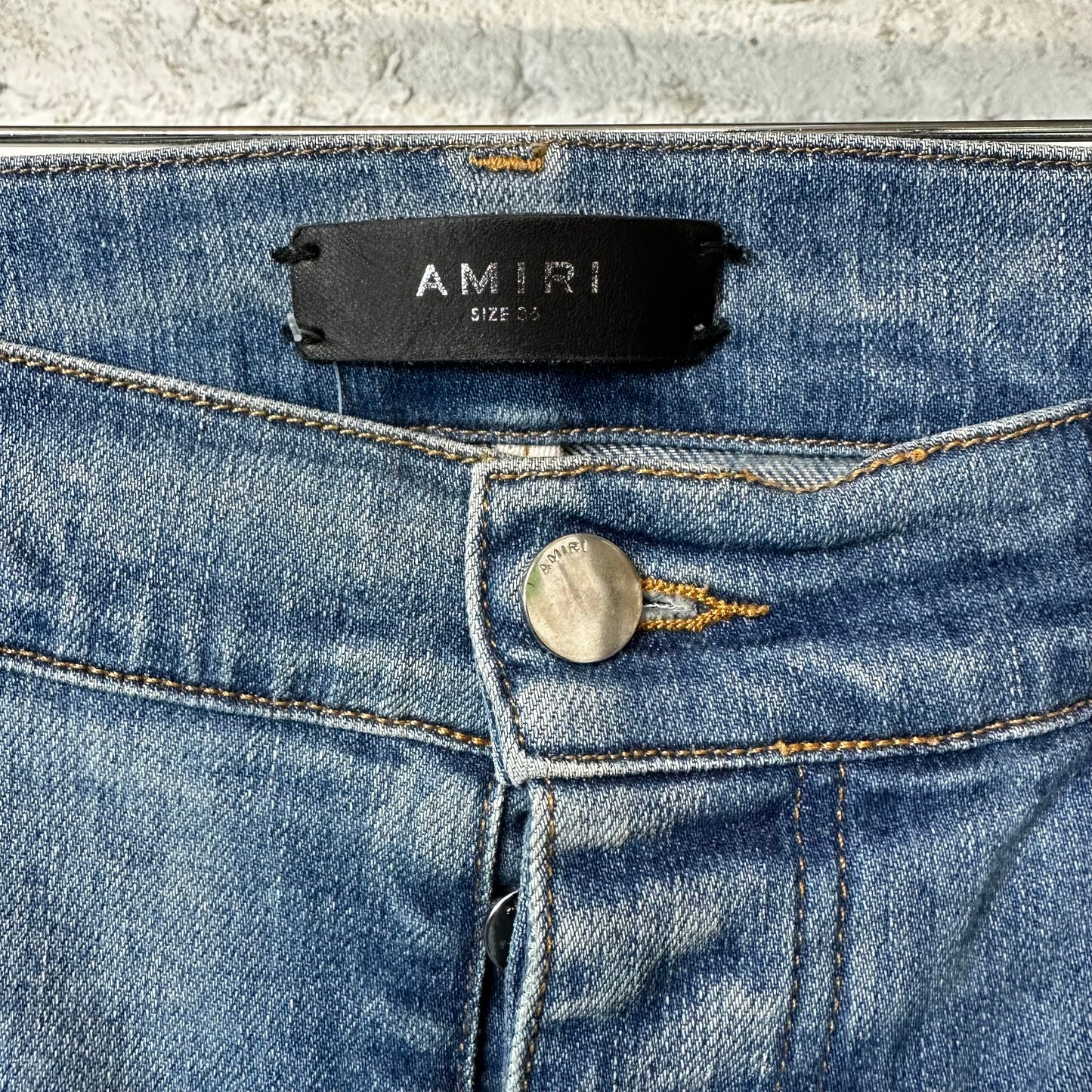 Amiri Distressed Side Spell Blue Denim Jeans Sz 36