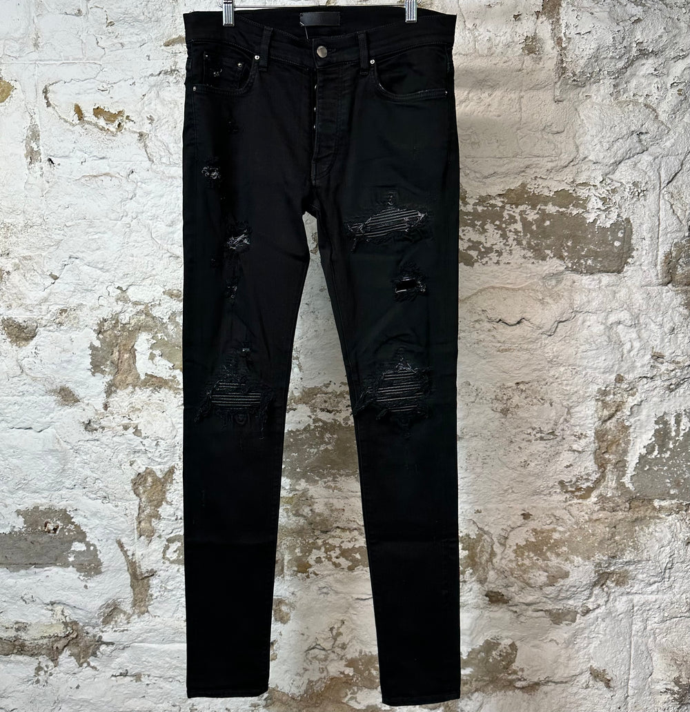 Amiri MX1 Black Leather Black Denim Jeans Sz 32
