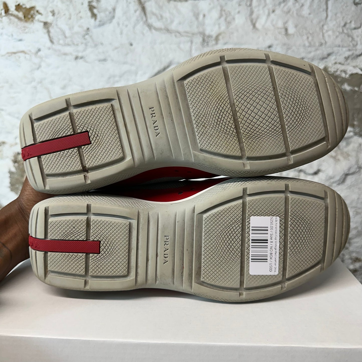 Prada Americas Cup Vintage Red Leather Strap Grey Sneaker Sz 8