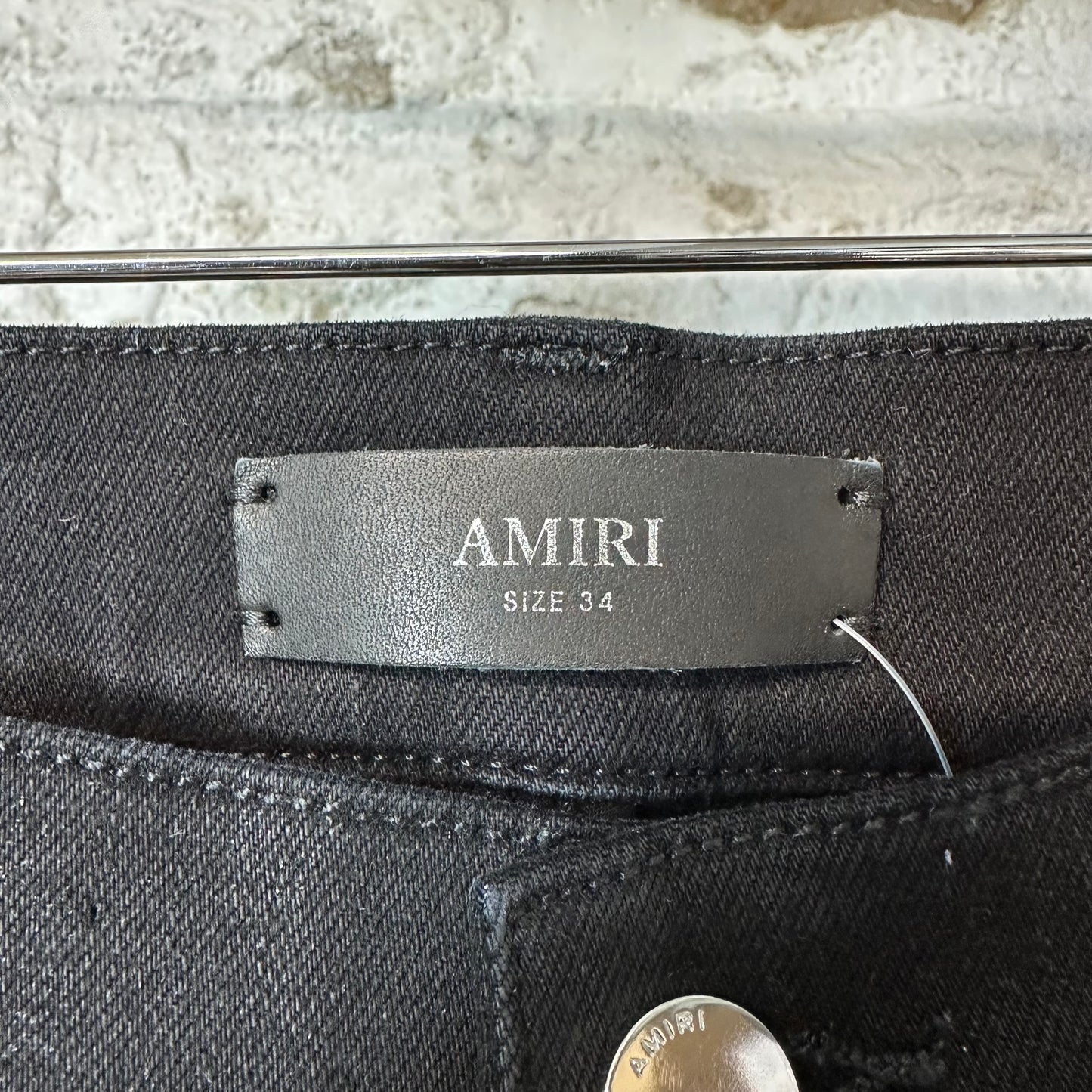 Amiri Leather Stagger Spell Waxed Black Denim Jeans Sz 34