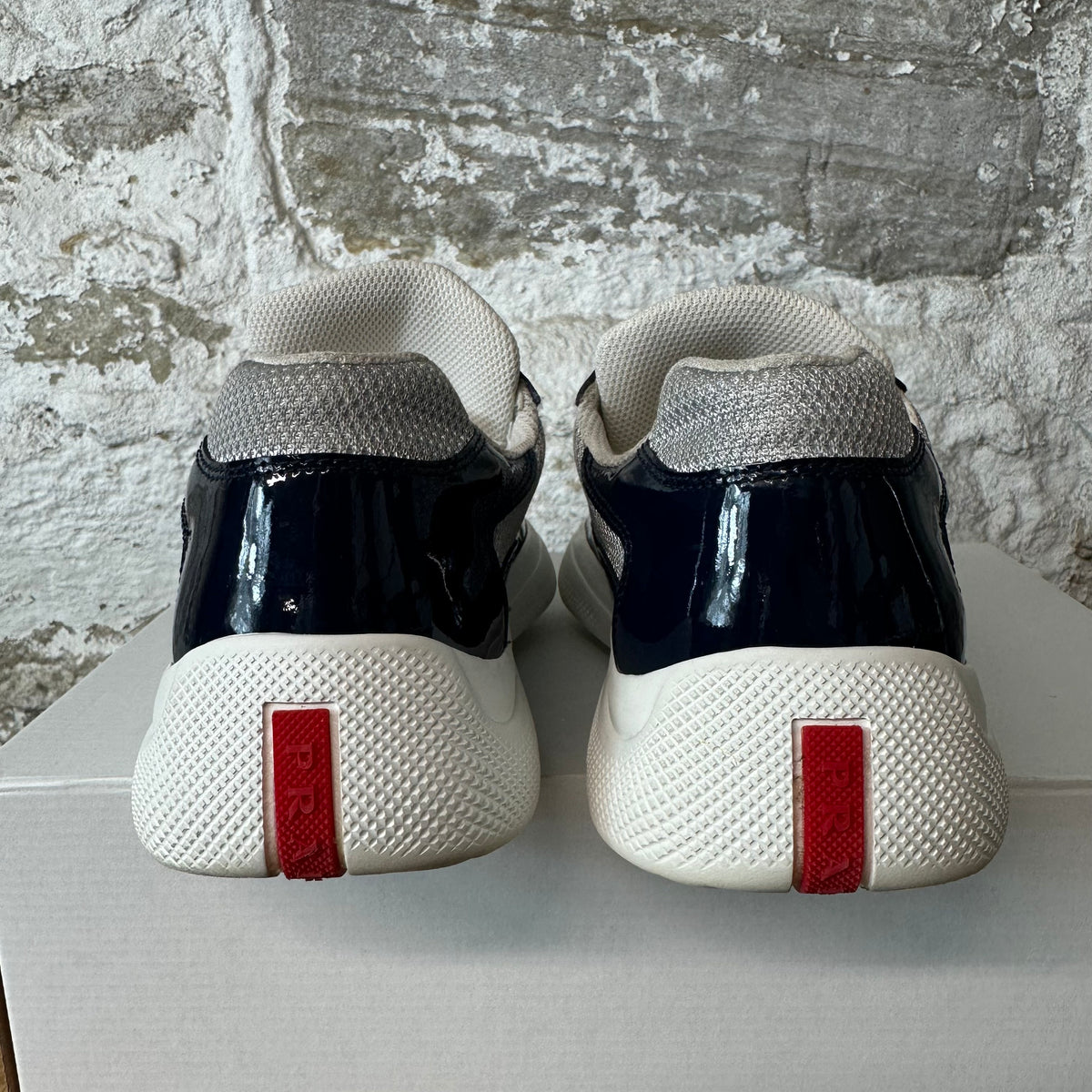 Prada Americas Cup Navy Patent Grey White Sneaker Sz 5